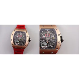 AAA Richard Mille RM 011 Replica Super Clone - Rose Gold Bezel & Red Rubber Strap