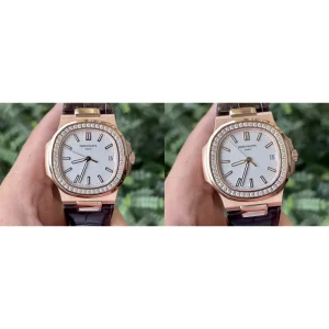 Best Patek Philippe Nautilus 7010 Replica AAA - Rose Gold Diamond Bezel & Brown Leather