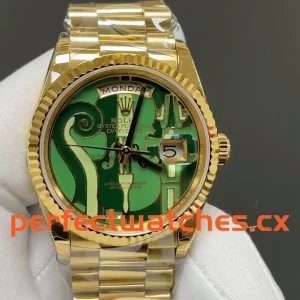 Rolex Day-Date 128238-VIO Replica Gold Fluted Bezel Watch Featuring Green Engraved Dial