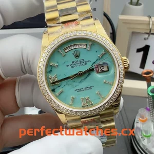 Rolex Day-Date 128348RBR-0038 Replica Yellow Gold Diamond Bezel Turquoise Ice Dial