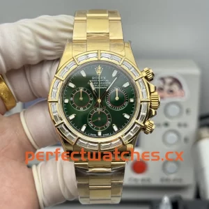 Rolex Daytona 116568BR Replica Premium Yellow Gold Green Dial Baguette Bezel Watch